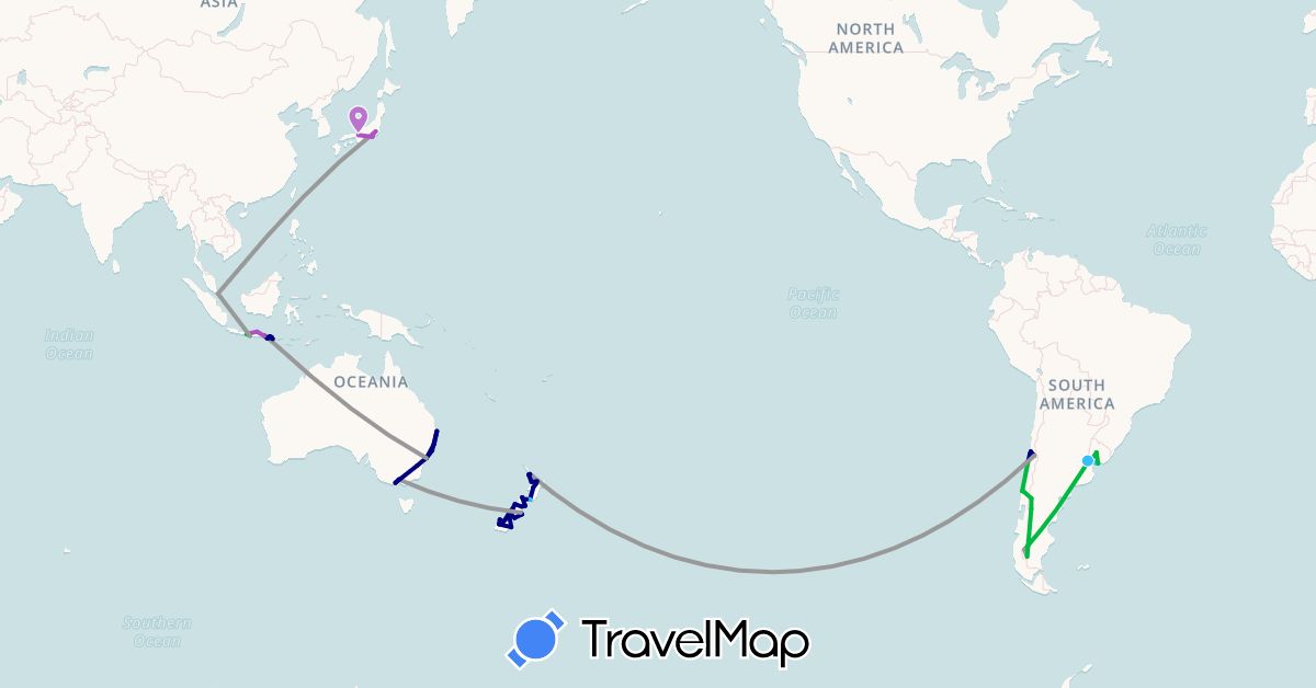 TravelMap itinerary: driving, bus, plane, train, boat in Argentina, Australia, Chile, Indonesia, Japan, New Zealand, Singapore, Uruguay (Asia, Oceania, South America)